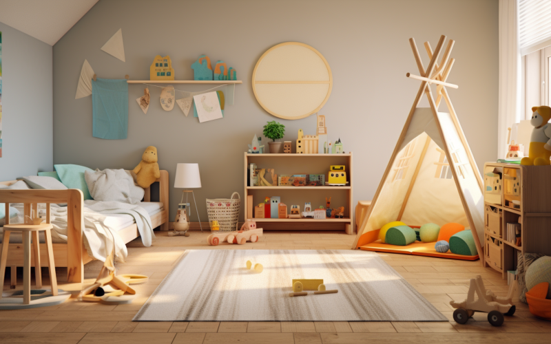 montessori room for child, Movement and Yoga Spaces , Natural and Sensory Materials , Clean and Simple Decor , Low Bed , Low Shelves and Open Storage