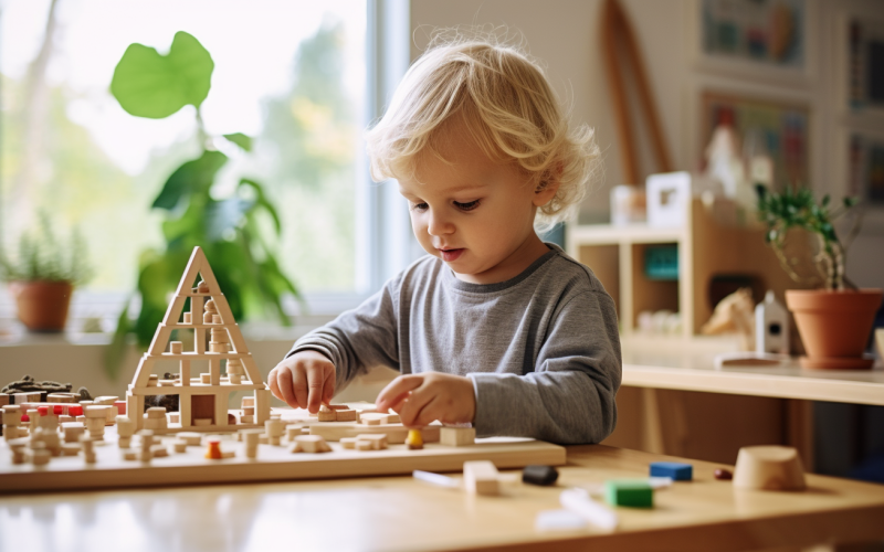 A child plays freely with Montessori material