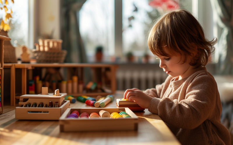 one child playing with montessori toys